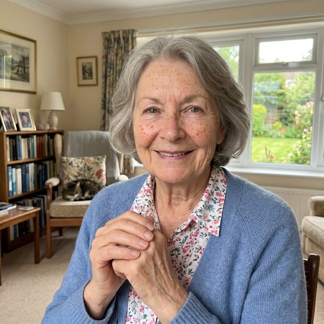 A smiling gray-haired woman in a blue cardigan sitting in a bright living room